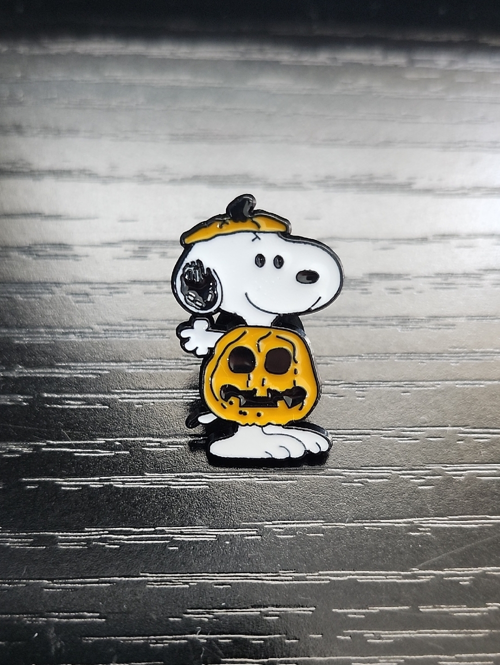 Peanuts Snoopy Halloween Pumpkin Brooch in White, Black, and Yellow